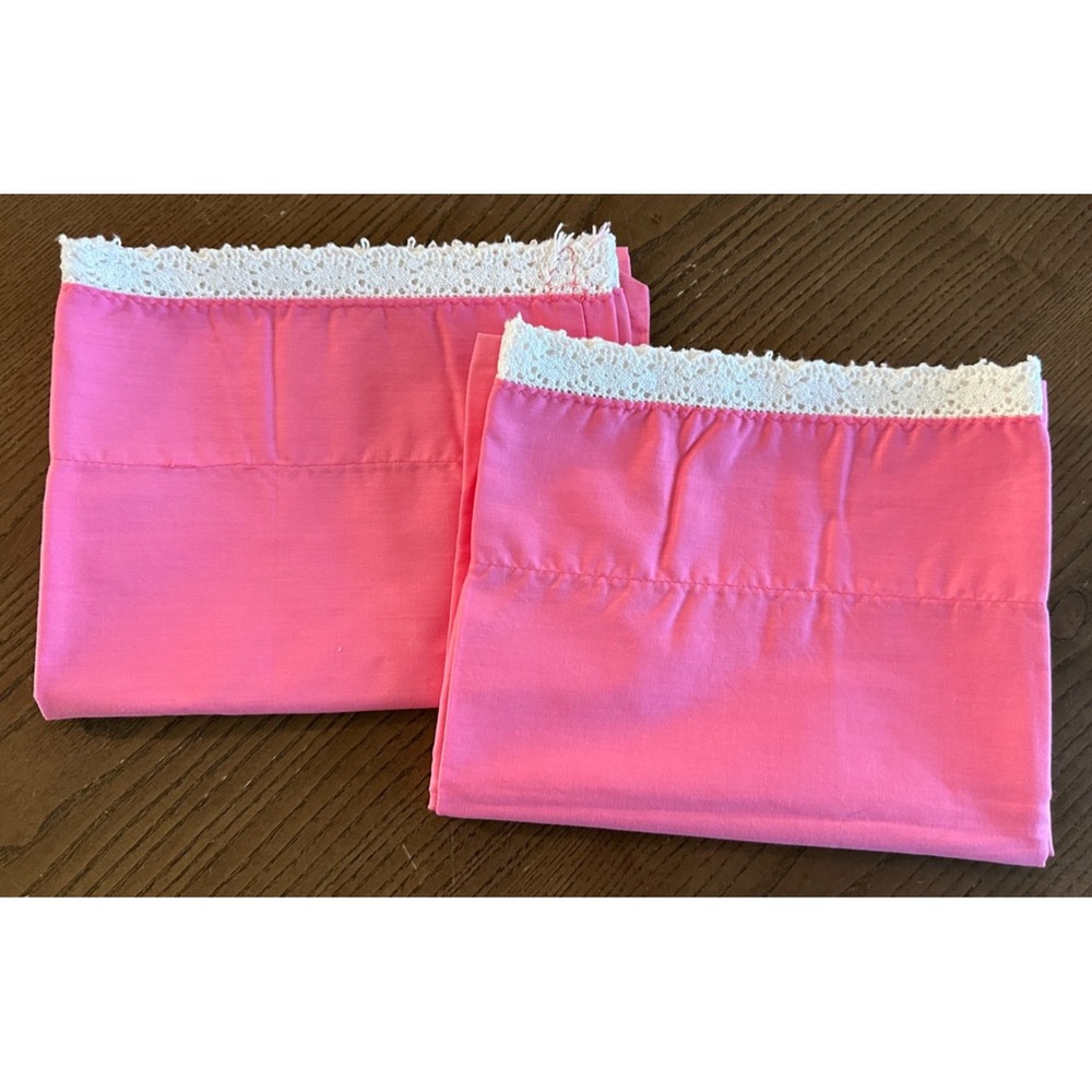 Vintage Pink w/ White‎ Hand Embroidered Edge Pillowcases Pair 31'' x 19''